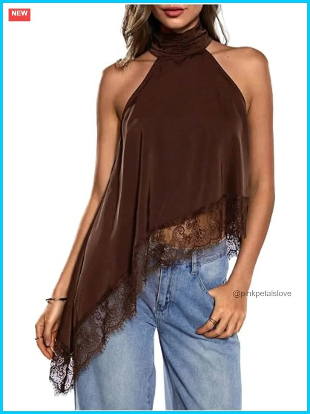 Halter Neck Sleeveless Lace Asymmetrical Hem Tank Top